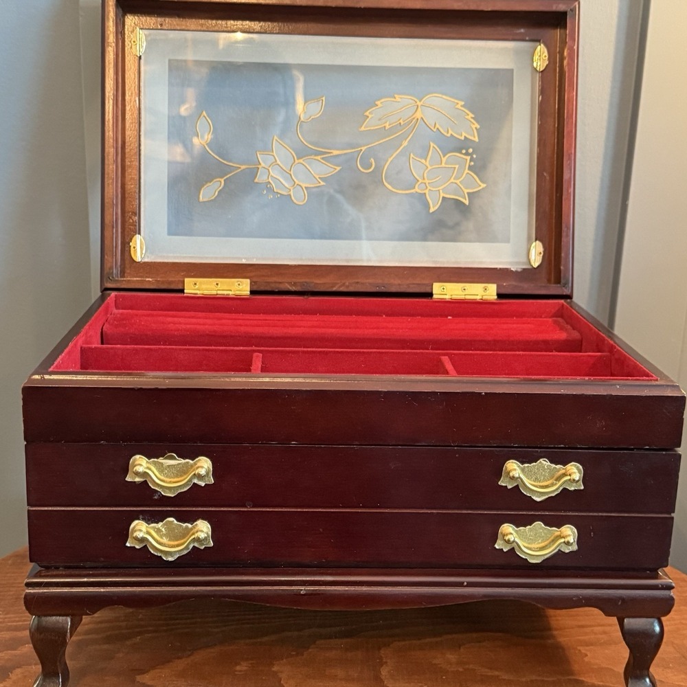 Rosalco Commodore Jewelry Box Chest Wood Etched Floral Glass Top Velvet‎ Vintage - Picture 5 of 12